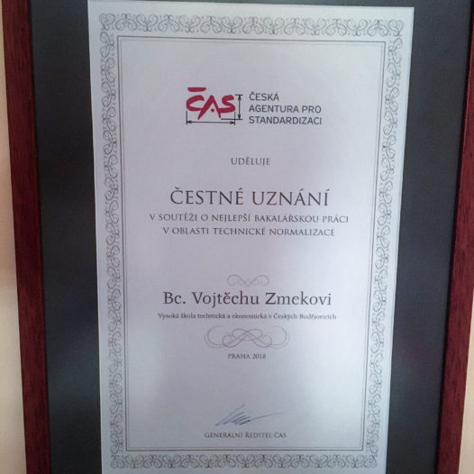 Náš student obdržel Čestné uznání České agentury pro standardizaci